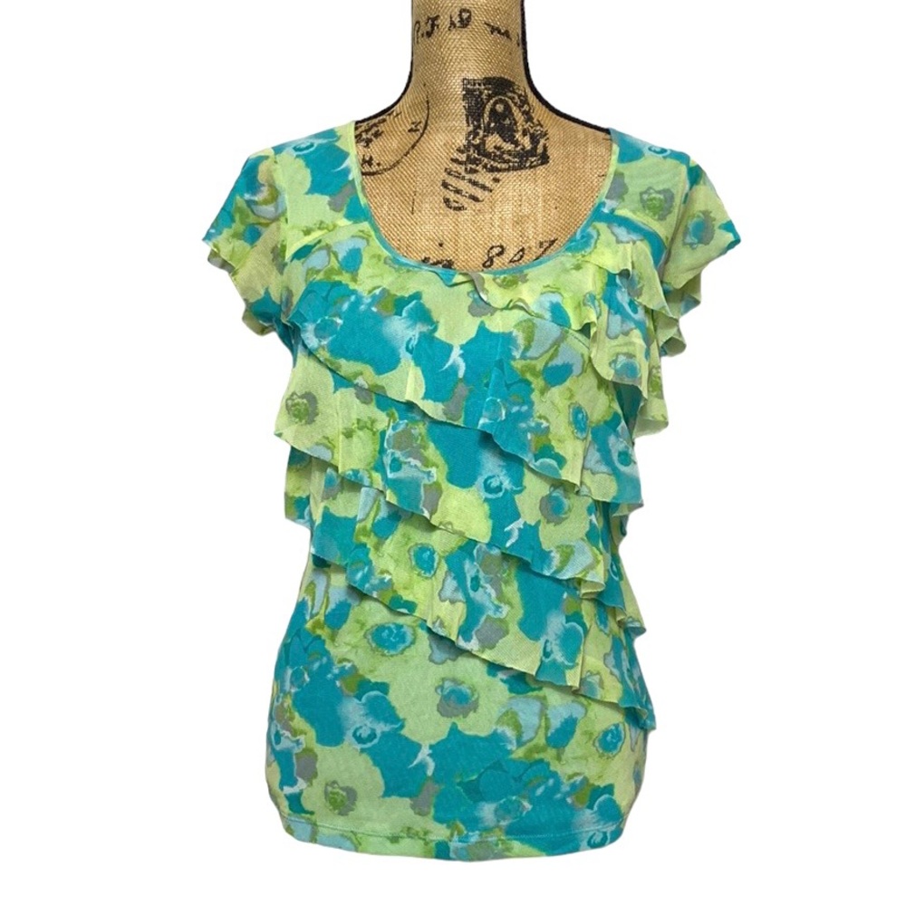 Floral Ruffle Overlay Fitted Scoop Neck Blouse S